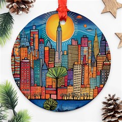 City New York Nyc Skyscraper Skyline Downtown Night Business Urban Travel Landmark Building Architec Ornament (round) by Posterlux