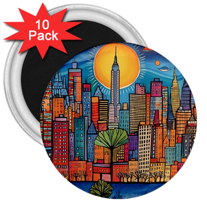 City New York Nyc Skyscraper Skyline Downtown Night Business Urban Travel Landmark Building Architec 3  Magnets (10 pack) 