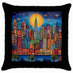 City New York Nyc Skyscraper Skyline Downtown Night Business Urban Travel Landmark Building Architec Throw Pillow Case (black) by Posterlux