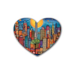 City New York Nyc Skyscraper Skyline Downtown Night Business Urban Travel Landmark Building Architec Rubber Coaster (heart)