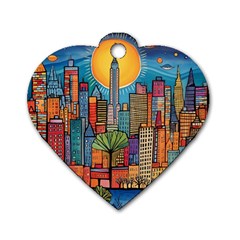 City New York Nyc Skyscraper Skyline Downtown Night Business Urban Travel Landmark Building Architec Dog Tag Heart (two Sides) by Posterlux