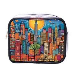 City New York Nyc Skyscraper Skyline Downtown Night Business Urban Travel Landmark Building Architec Mini Toiletries Bag (one Side) by Posterlux