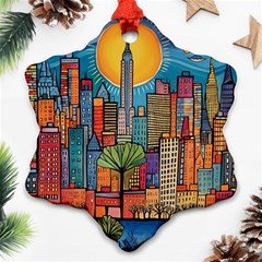 City New York Nyc Skyscraper Skyline Downtown Night Business Urban Travel Landmark Building Architec Ornament (snowflake)