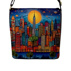 City New York Nyc Skyscraper Skyline Downtown Night Business Urban Travel Landmark Building Architec Flap Closure Messenger Bag (l) by Posterlux