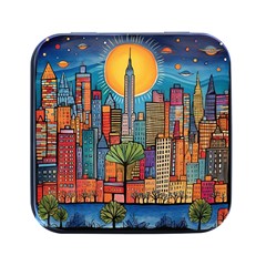 City New York Nyc Skyscraper Skyline Downtown Night Business Urban Travel Landmark Building Architec Square Metal Box (black) by Posterlux