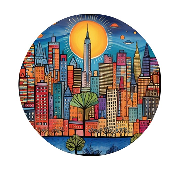 City New York Nyc Skyscraper Skyline Downtown Night Business Urban Travel Landmark Building Architec Mini Round Pill Box