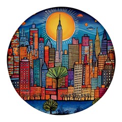 City New York Nyc Skyscraper Skyline Downtown Night Business Urban Travel Landmark Building Architec Round Glass Fridge Magnet (4 Pack) by Posterlux