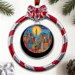 City New York Nyc Skyscraper Skyline Downtown Night Business Urban Travel Landmark Building Architec Metal Red Ribbon Round Ornament Front