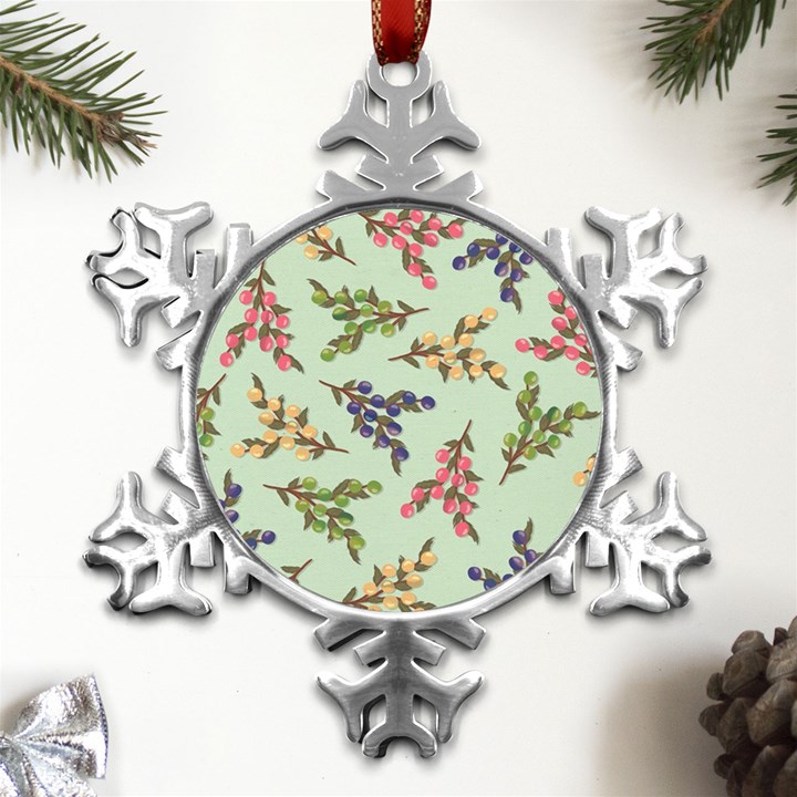 Berries Flowers Pattern Print Metal Small Snowflake Ornament