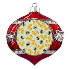 Bees Pattern Honey Bee Bug Honeycomb Honey Beehive Metal Snowflake And Bell Red Ornament by Bedest