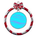 Wave Stripe Pattern Design Aqua Metal Red Ribbon Round Ornament Front