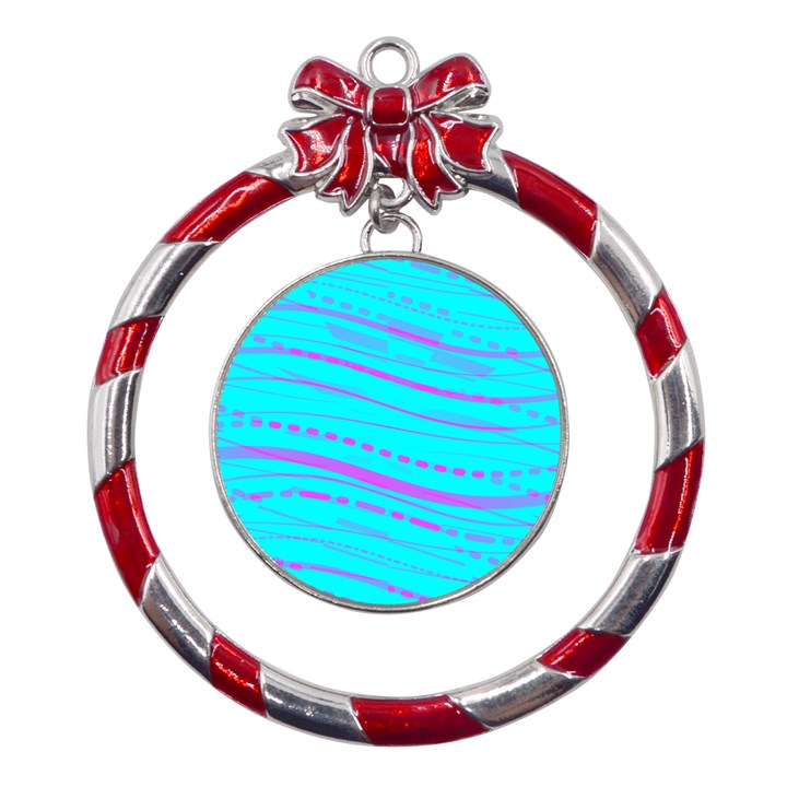 Wave Stripe Pattern Design Aqua Metal Red Ribbon Round Ornament