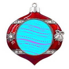 Wave Stripe Pattern Design Aqua Metal Snowflake And Bell Red Ornament by Ndabl3x