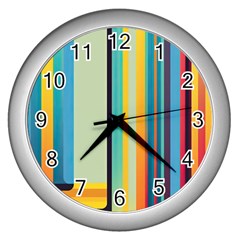 Colorful Rainbow Striped Pattern Stripes Background Wall Clock (silver) by Ket1n9