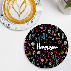 Personalized Floral Pattern Name Round Tile Coaster - UV Print Round Tile Coaster