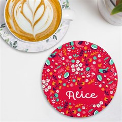 Personalized Spring Bird Floral Pattern Name Round Tile Coaster - UV Print Round Tile Coaster