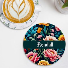 Personalized Floral Pattern Name Round Tile Coaster - UV Print Round Tile Coaster