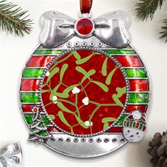 Mistletoe Christmas Texture Advent Metal X mas Ribbon With Red Crystal Round Ornament