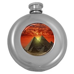 Pyramids Egypt Monument Landmark Sunrise Sunset Egyptian Round Hip Flask (5 Oz) by Proyonanggan