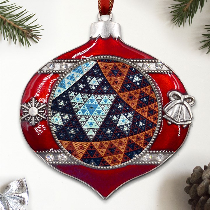 Fractal Triangle Geometric Abstract Pattern Metal Snowflake And Bell Red Ornament