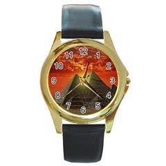 Pyramids Egypt Monument Landmark Sunrise Sunset Egyptian Round Gold Metal Watch by Proyonanggan