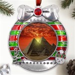 Pyramids Egypt Monument Landmark Sunrise Sunset Egyptian Metal X Mas Ribbon With Red Crystal Round Ornament Front