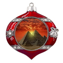 Pyramids Egypt Monument Landmark Sunrise Sunset Egyptian Metal Snowflake And Bell Red Ornament by Proyonanggan