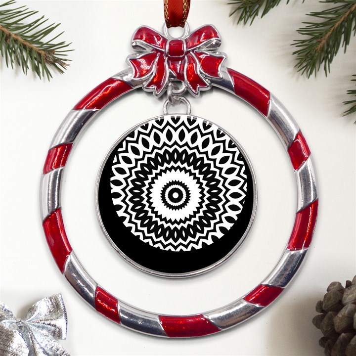 Circular Concentric Radial Symmetry Abstract Metal Red Ribbon Round Ornament