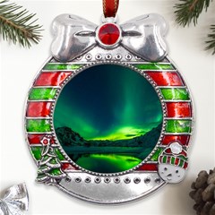 Iceland Aurora Borealis Metal X mas Ribbon With Red Crystal Round Ornament by Proyonanggan