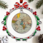 Vintage World Map Metal X mas Wreath Ribbon Ornament Front