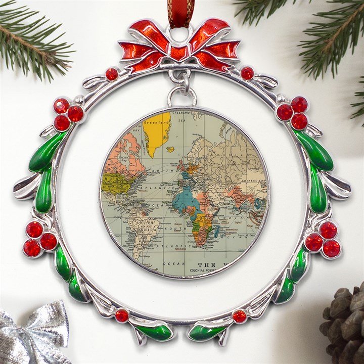 Vintage World Map Metal X mas Wreath Ribbon Ornament