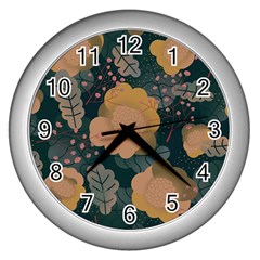 Flower Patterns Pattern Beige Green Wall Clock (silver) by Proyonanggan