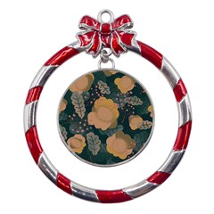 Flower Patterns Pattern Beige Green Metal Red Ribbon Round Ornament by Proyonanggan