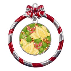 Pattern Texture Leaves Metal Red Ribbon Round Ornament