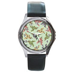 Berries Flowers Pattern Print Round Metal Watch