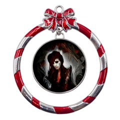 Melancholy Autumn Metal Red Ribbon Round Ornament by MRNStudios