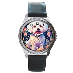 Cute Puppy With Flowers Round Metal Watch by Sparkle