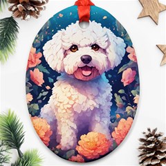 Cute Puppy With Flowers Oval Ornament (two Sides)