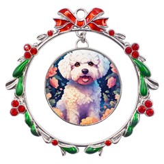 Cute Puppy With Flowers Metal X mas Wreath Ribbon Ornament by Sparkle