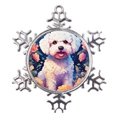 Cute Puppy With Flowers Metal Large Snowflake Ornament by Sparkle