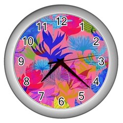 Pink And Blue Floral Wall Clock (silver)