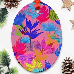 Pink And Blue Floral Oval Ornament (two Sides)