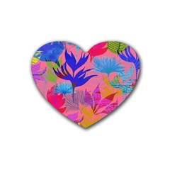 Pink And Blue Floral Rubber Heart Coaster (4 Pack) by Sparkle