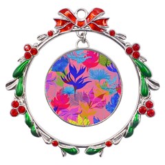 Pink And Blue Floral Metal X mas Wreath Ribbon Ornament by Sparkle