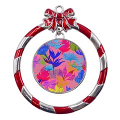 Pink And Blue Floral Metal Red Ribbon Round Ornament by Sparkle