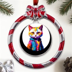 Wild Cat Metal Red Ribbon Round Ornament by Sosodesigns19