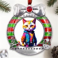 Wild Cat Metal X mas Ribbon With Red Crystal Round Ornament by Sosodesigns19