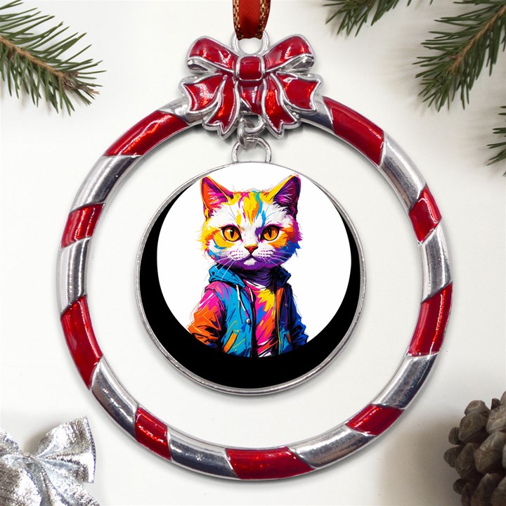 Wild cat Metal Red Ribbon Round Ornament