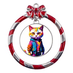 Wild Cat Metal Red Ribbon Round Ornament by Sosodesigns19