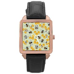 Bees Pattern Honey Bee Bug Honeycomb Honey Beehive Rose Gold Leather Watch  by Bedest